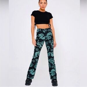 Motel XS Black Dragon Print Flare Leg Pants Urban Outfitters Festival Rave Party